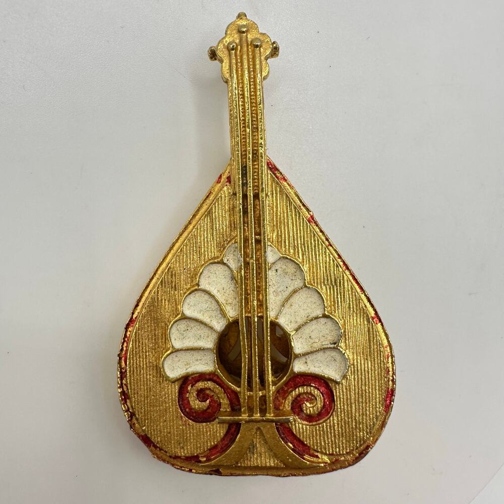 Corel vintage gold tone red white enamel lute guitar mandolin instrument brooch